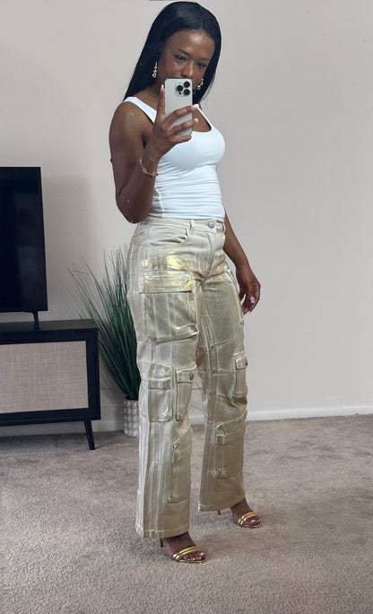 LaLaLady | Metallic Gold Cargo Pants